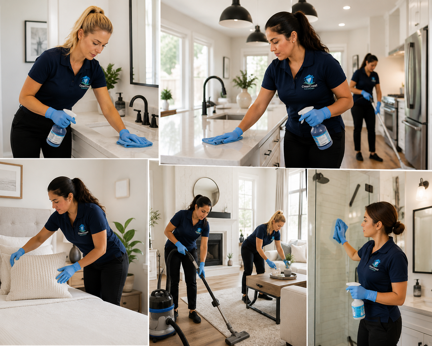 ClearCoast Cleaning team across kitchen, bath, bedroom and living spaces