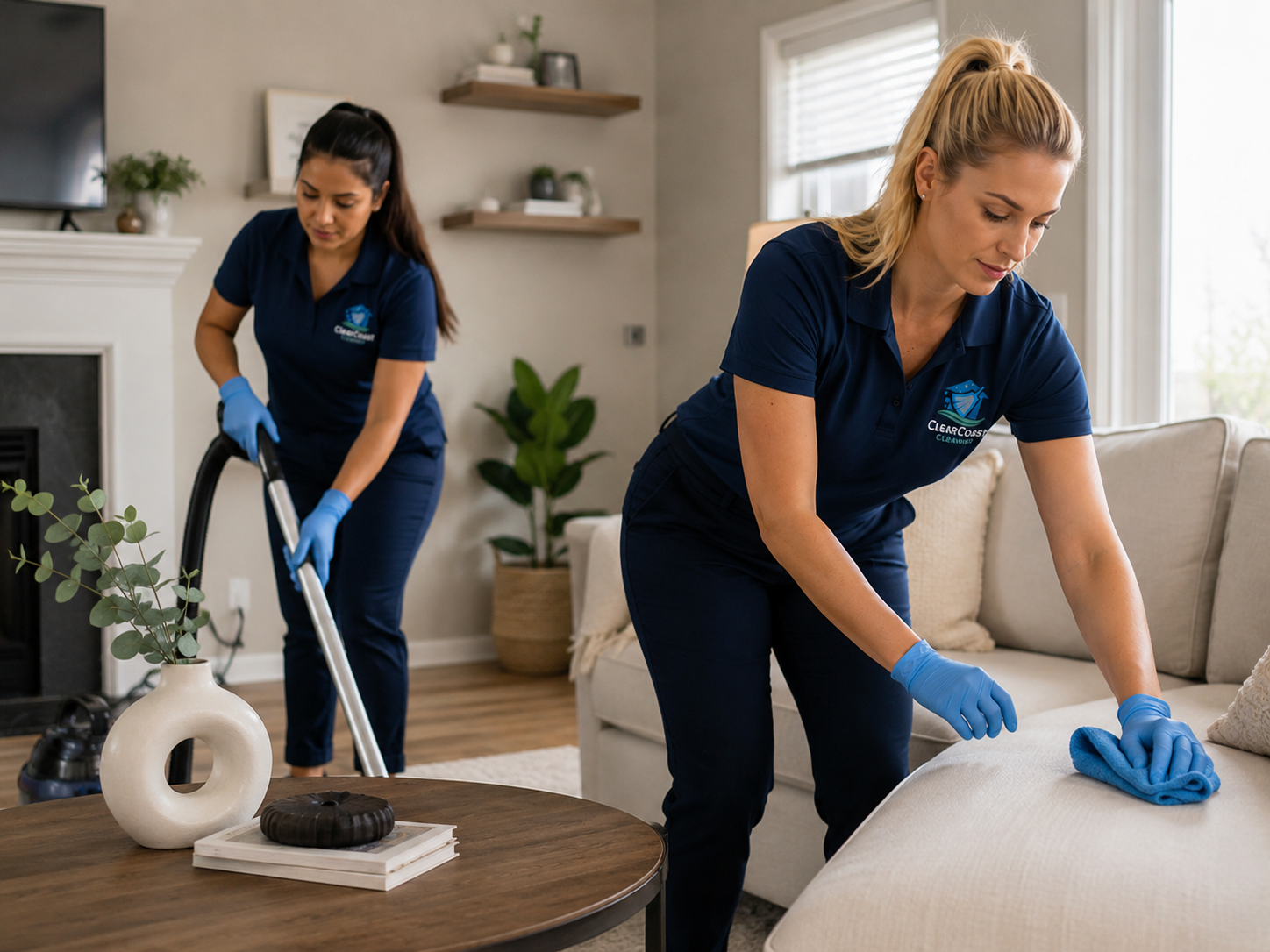 ClearCoast cleaners detailing a Seattle living room